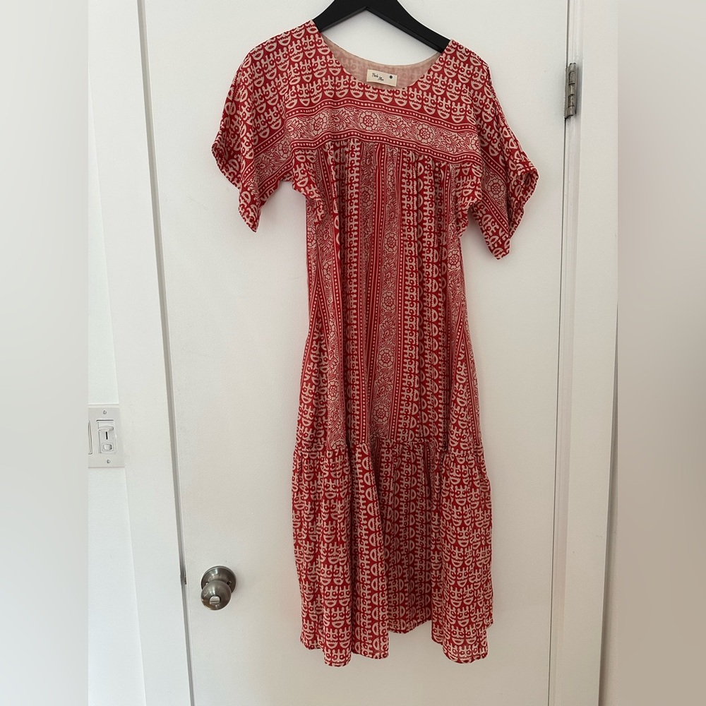 Perle Mer Red Boho Midi Dress – Block Print Pattern, Short Sleeve, Size S/M Silk
